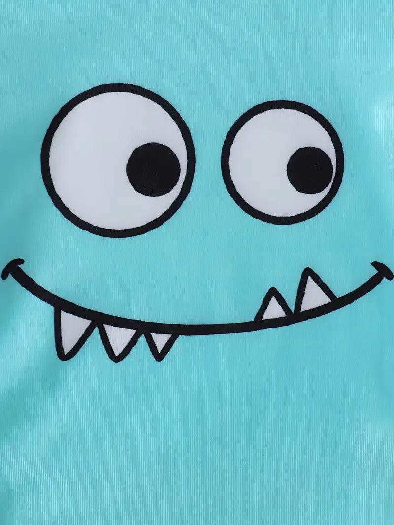 Three-piece set for baby boys: short-sleeved shirt with cute little monster expression in lake blue