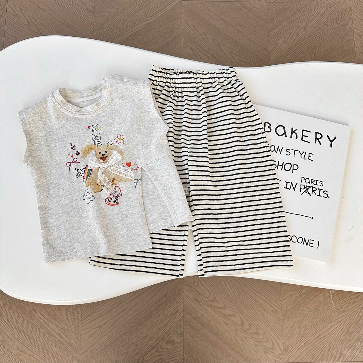 Summer bow-tie puppy striped pants set for girls