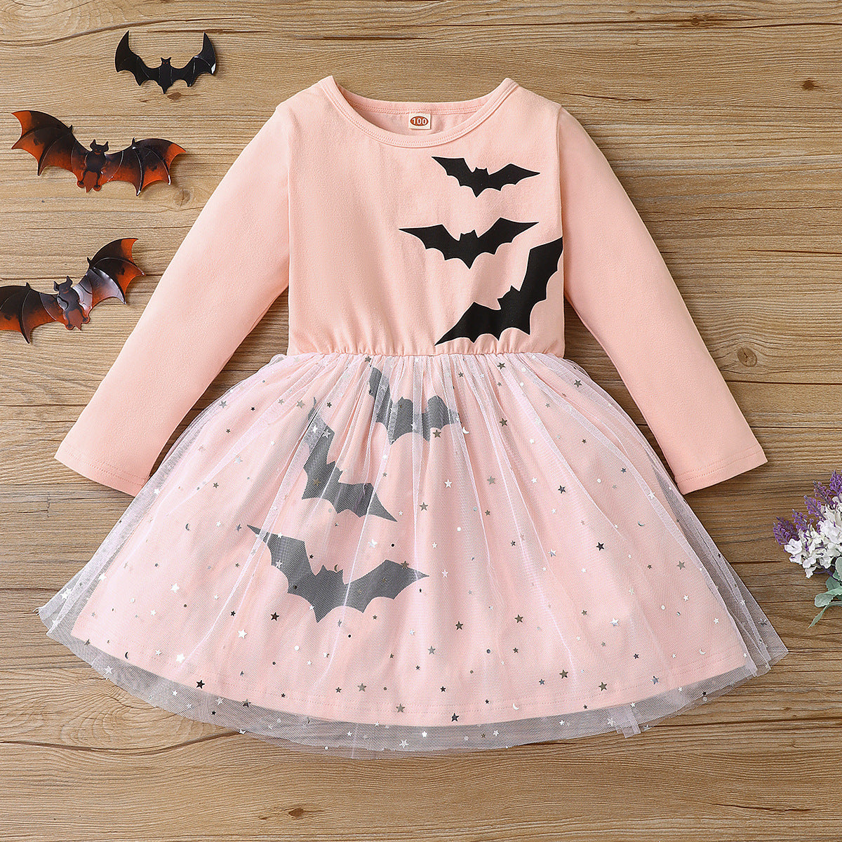 Halloween Girl Long Sleeve Dress Fashion Princess Bat Printed Mesh Dress Autumn Toddler Tutu Dress Kids Halloween Party Clothes