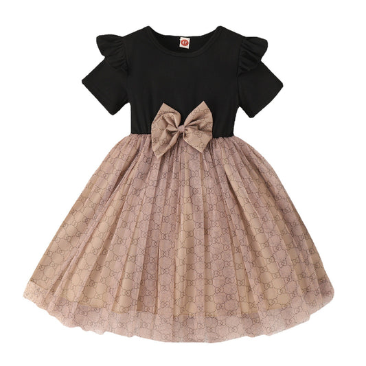 Spring and Summer Girls' dress Short Sleeve Stitching Mesh Tutu Dress Daily Fashion Casual Princess Dress