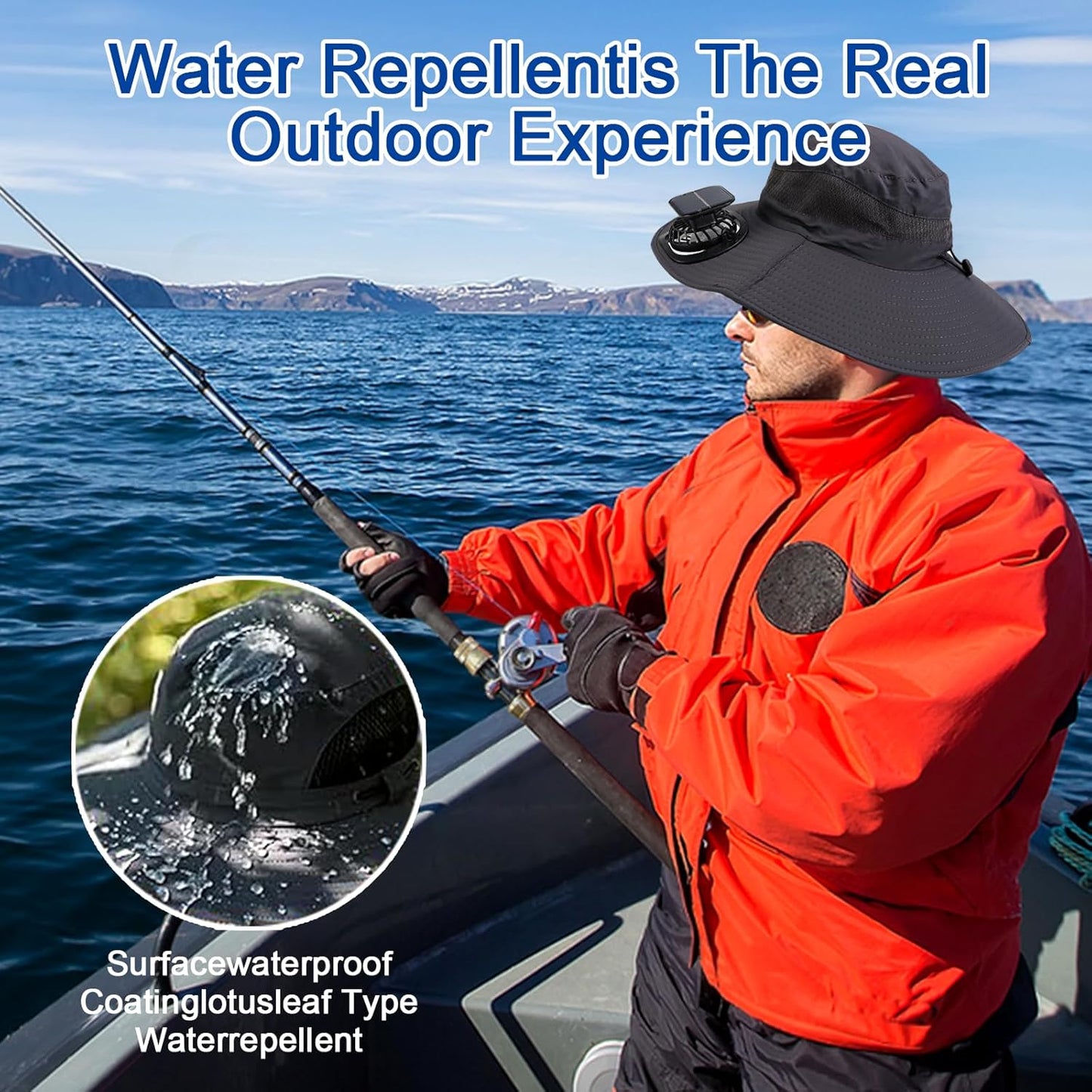 Solar Fan Hat, Wide Brim Solar Fan Outdoor Fishing Hat with 2 Fans Solar Power, Waterproof Outdoor Hiking Camping Fishing Hat Grey