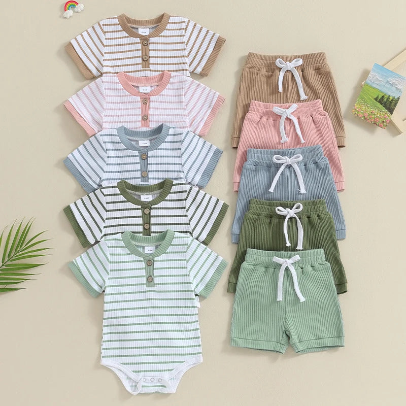 Baby 2pcs Outfits Summer Striped Short Sleeve Romper and Elastic Shorts Set for Toddler Newborn Girl Boy