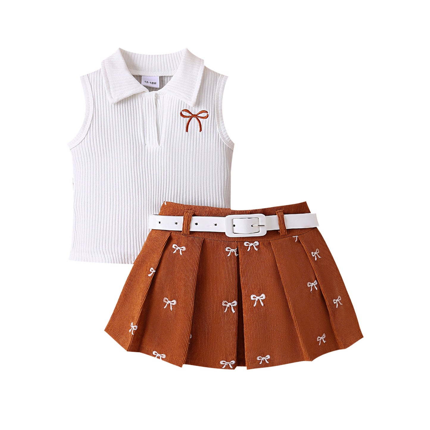 Preppy Summer Outfits for Toddler Girls- Sleeveless Bow Tank Top + Pleated Skirt Set