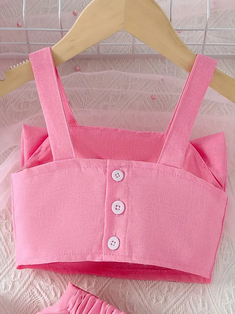 Charming Pink Bow-Accented Crop Top & Shorts Set for Youngsters Girls