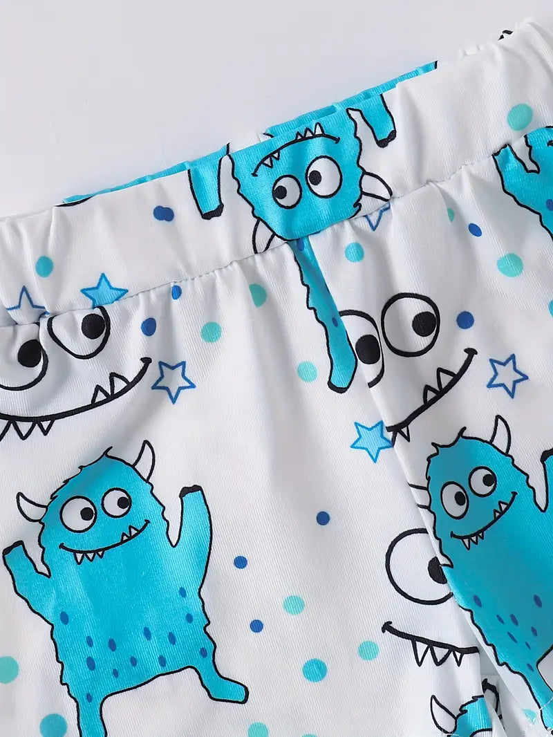 Three-piece set for baby boys: short-sleeved shirt with cute little monster expression in lake blue