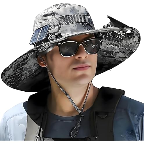 Solar Fan Hat, Wide Brim Solar Fan Outdoor Fishing Hat with 2 Fans Solar Power, Waterproof Outdoor Hiking Camping Fishing Hat Grey