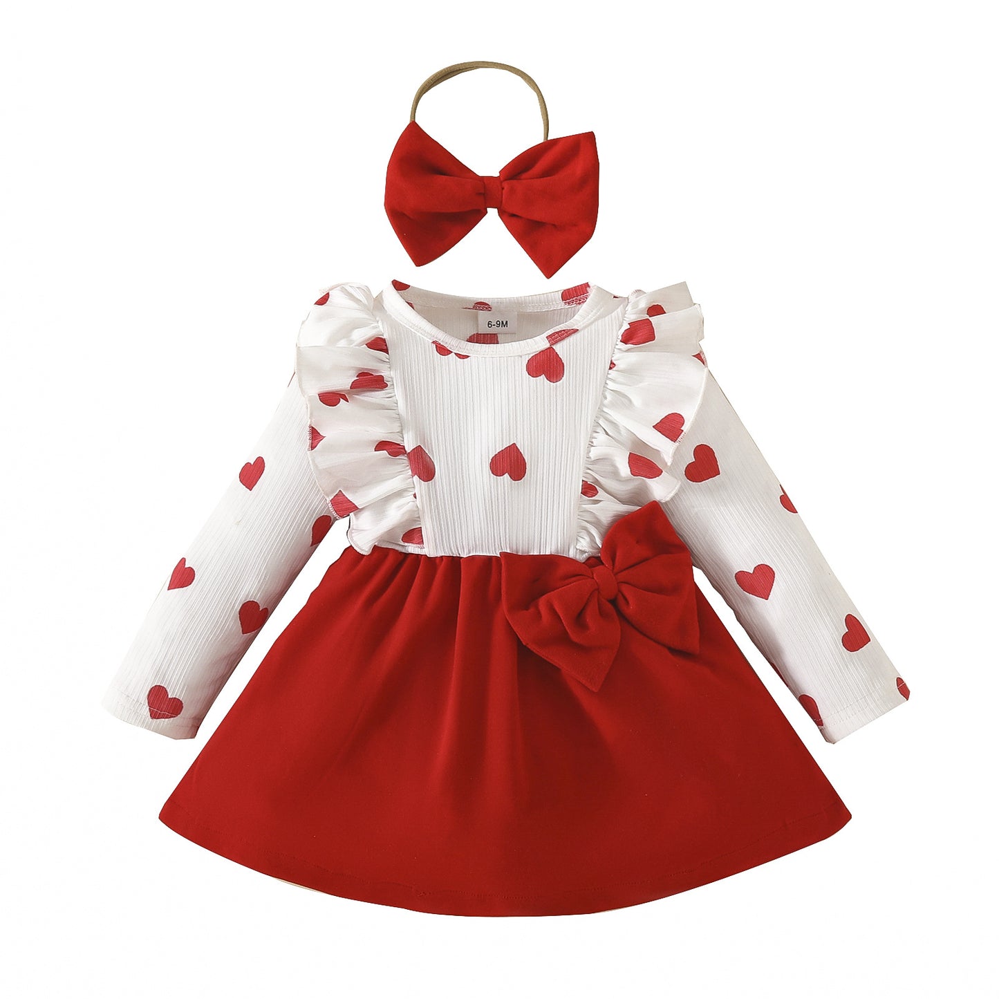 Baby Girls' Heart Print Color Block Dress with Ruffled Neckline & Waist Bow