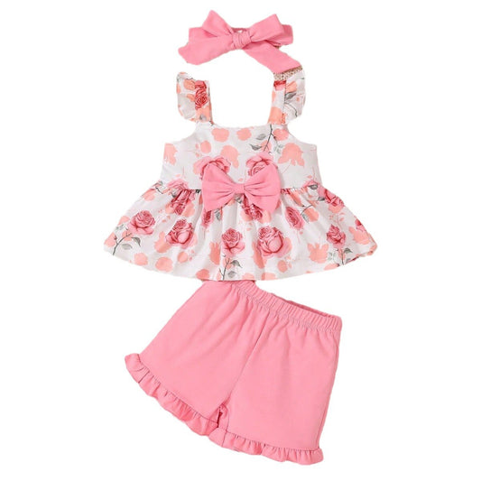 Toddler Baby Girl Summer Clothes Infant Outfits Ruffle Sleeveless Floral Printed Bowknot Tank Top Cute Shorts Sets
