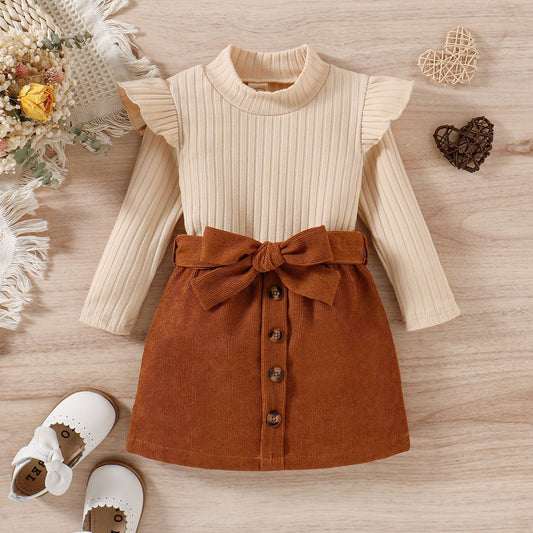 Toddler Baby Girl Fall Winter Skirt Set Turtleneck Ribbed Long Sleeve T-Shirt Top and Corduroy Skirts Dress 2Pcs Outfits