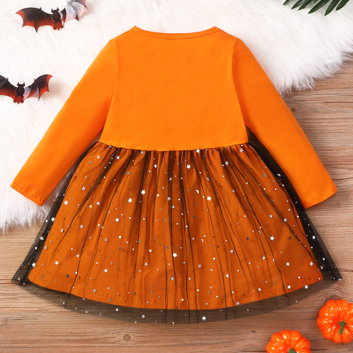 Halloween Girl Long Sleeve Dress Fashion Princess Bat Printed Mesh Dress Autumn Toddler Tutu Dress Kids Halloween Party Clothes