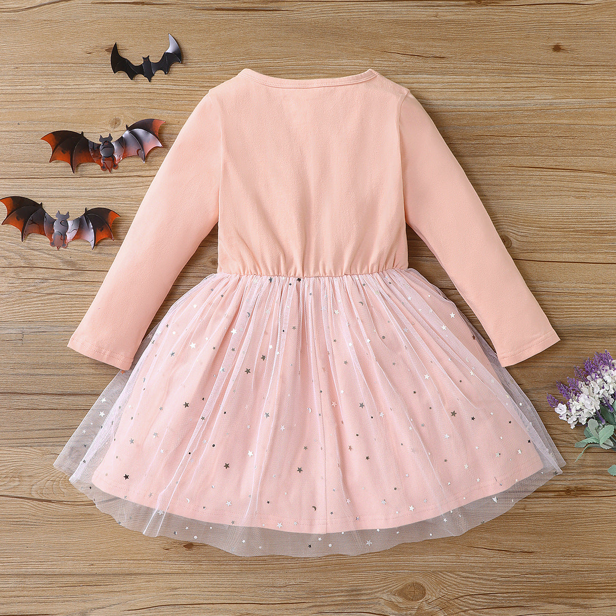 Halloween Girl Long Sleeve Dress Fashion Princess Bat Printed Mesh Dress Autumn Toddler Tutu Dress Kids Halloween Party Clothes