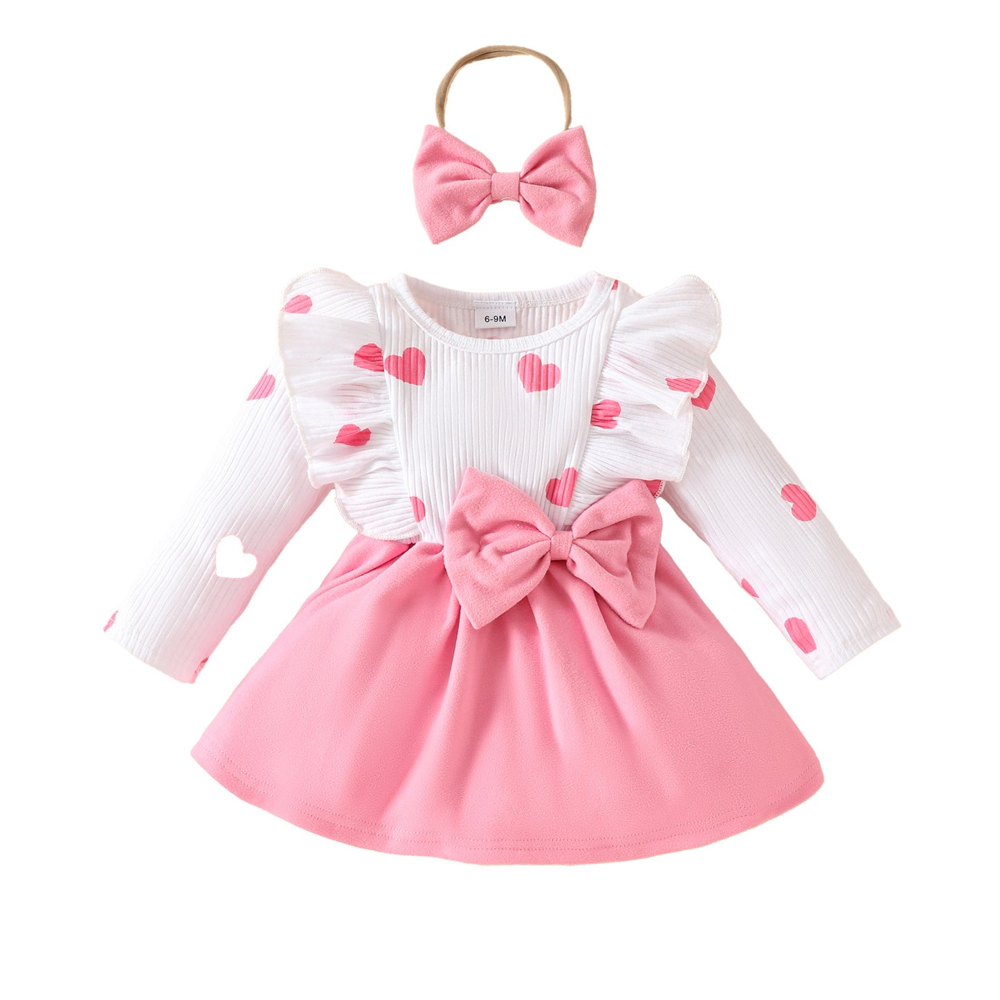 Baby Girls' Heart Print Color Block Dress with Ruffled Neckline & Waist Bow