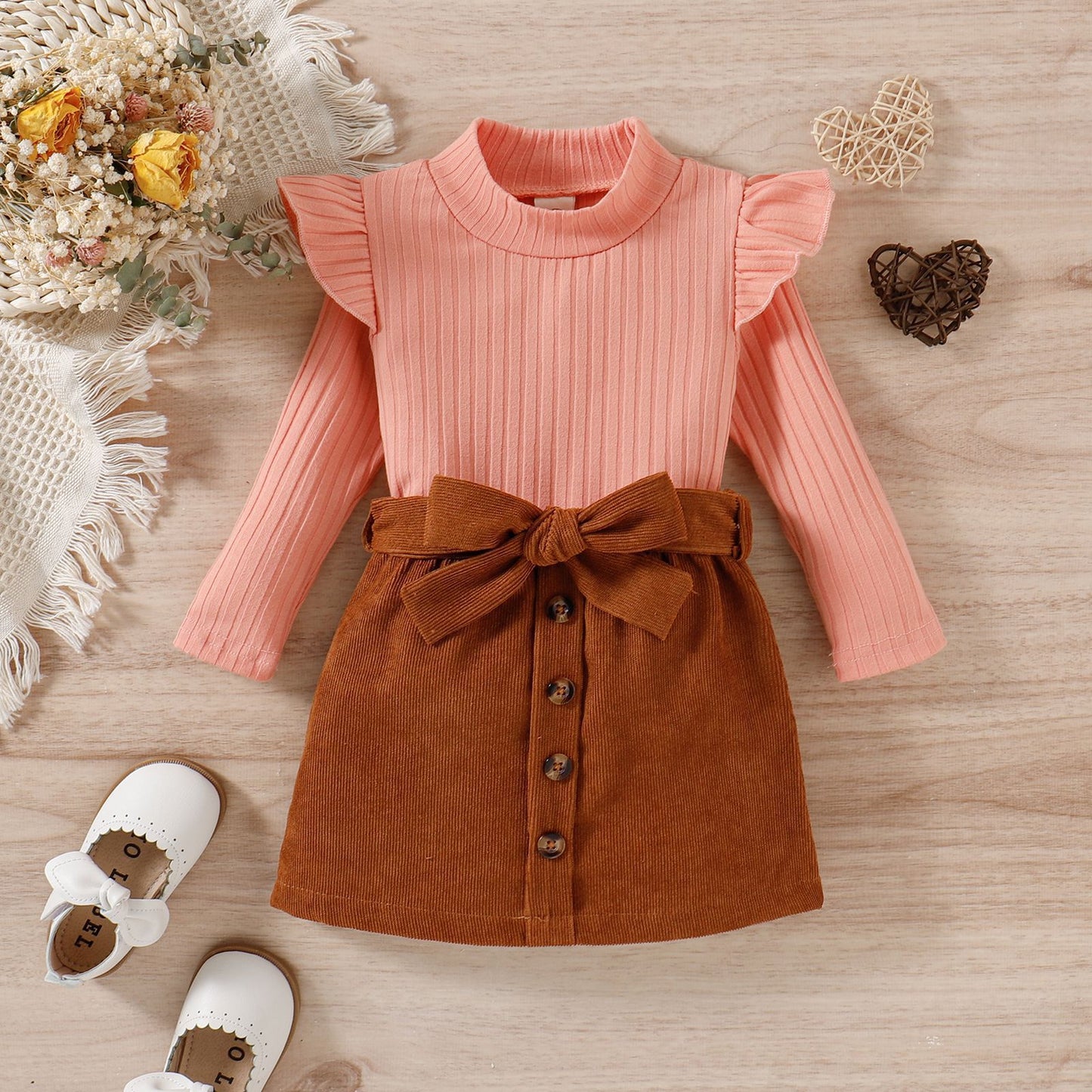 Toddler Baby Girl Fall Winter Skirt Set Turtleneck Ribbed Long Sleeve T-Shirt Top and Corduroy Skirts Dress 2Pcs Outfits