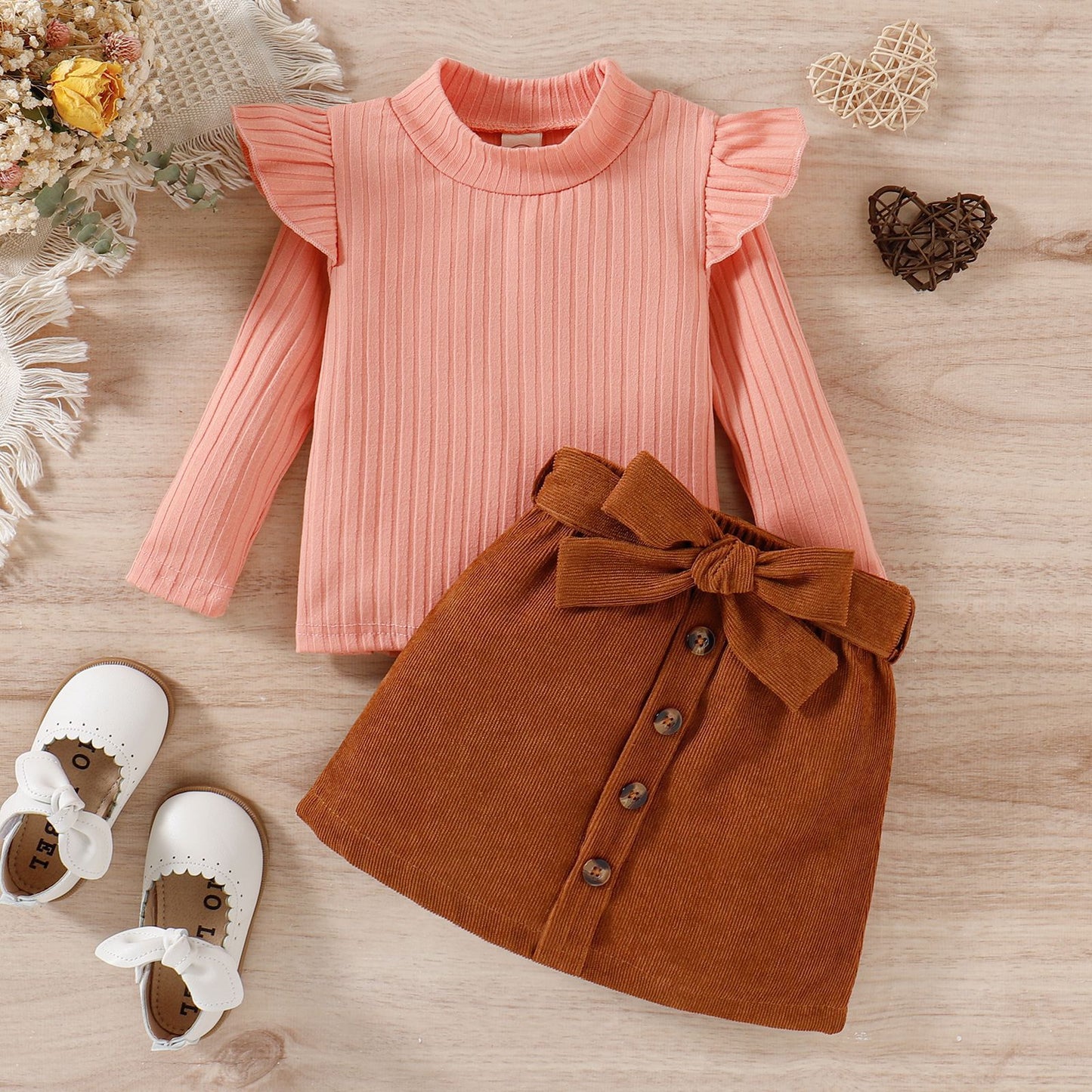 Toddler Baby Girl Fall Winter Skirt Set Turtleneck Ribbed Long Sleeve T-Shirt Top and Corduroy Skirts Dress 2Pcs Outfits