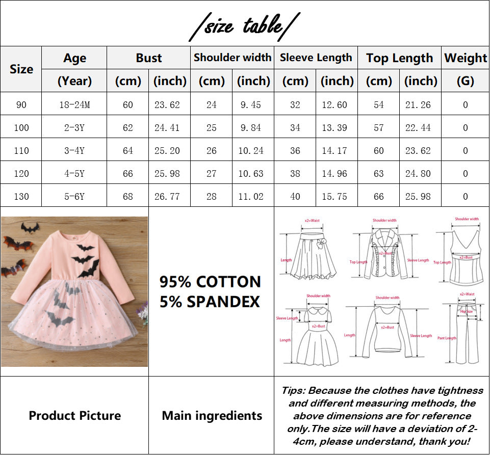 Halloween Girl Long Sleeve Dress Fashion Princess Bat Printed Mesh Dress Autumn Toddler Tutu Dress Kids Halloween Party Clothes