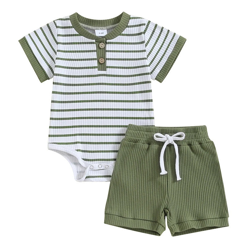 Baby 2pcs Outfits Summer Striped Short Sleeve Romper and Elastic Shorts Set for Toddler Newborn Girl Boy