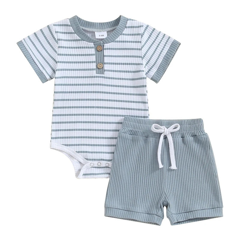 Baby 2pcs Outfits Summer Striped Short Sleeve Romper and Elastic Shorts Set for Toddler Newborn Girl Boy