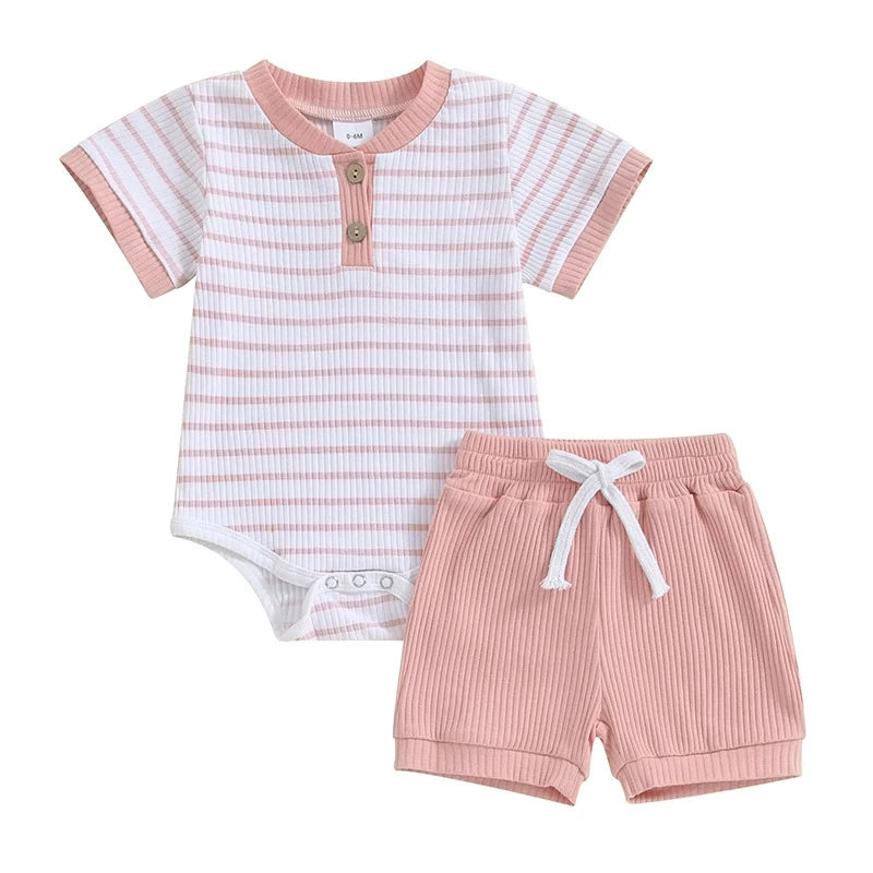 Baby 2pcs Outfits Summer Striped Short Sleeve Romper and Elastic Shorts Set for Toddler Newborn Girl Boy