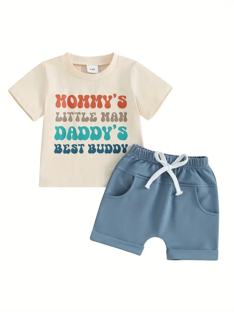 Baby Boy Athflow 2pcs Set, Short Sleeve Round Neck Letter Print Tops + Elastic Waist Shorts Infant Toddler Summer Outfits
