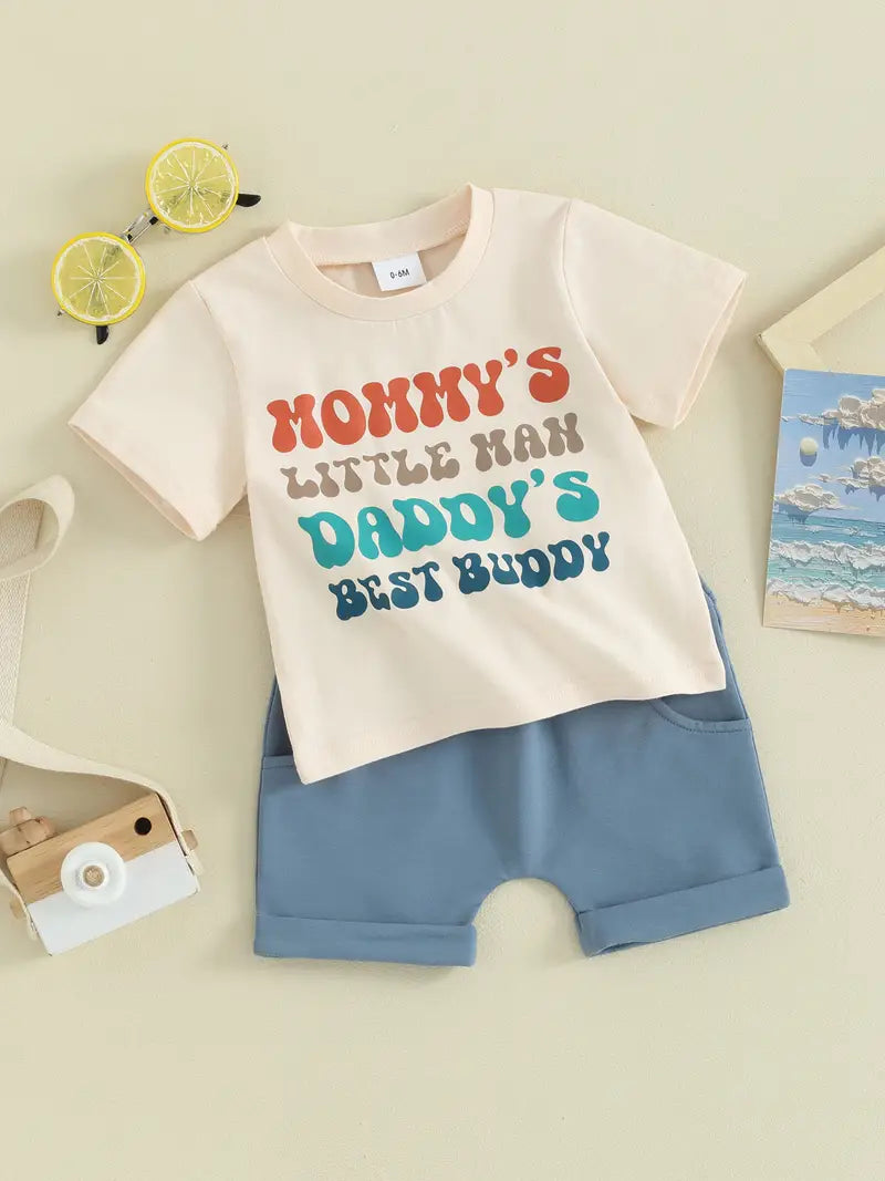 Baby Boy Athflow 2pcs Set, Short Sleeve Round Neck Letter Print Tops + Elastic Waist Shorts Infant Toddler Summer Outfits
