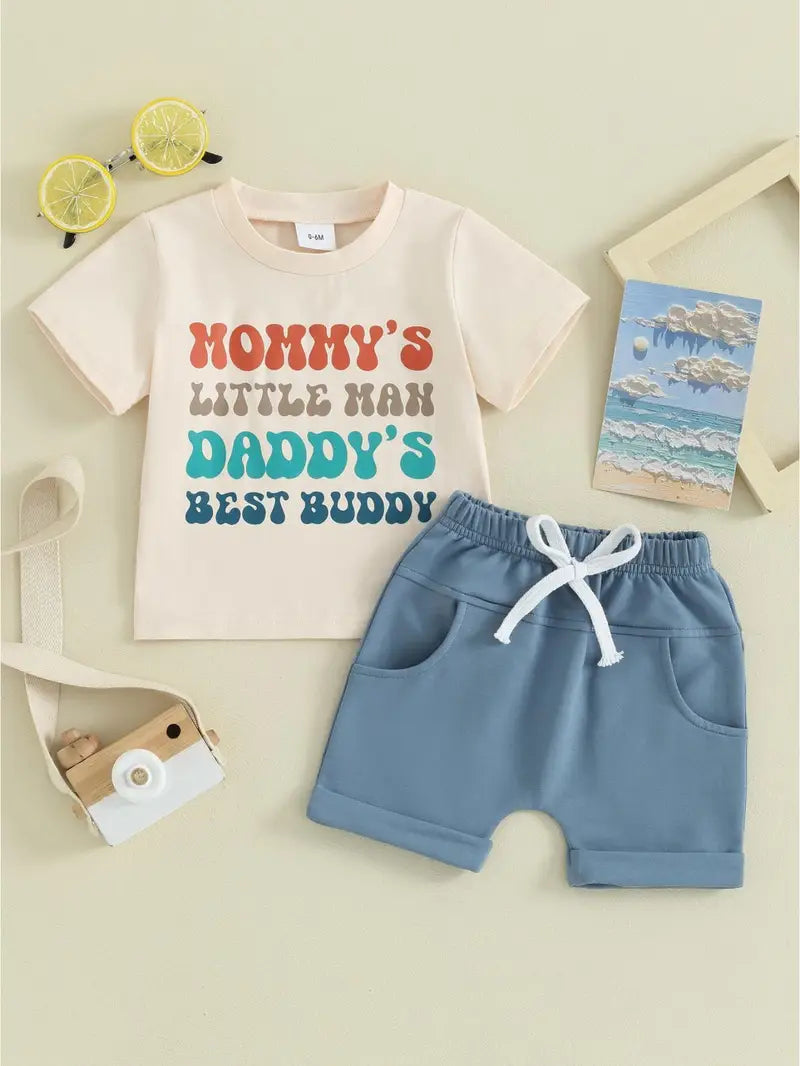 Baby Boy Athflow 2pcs Set, Short Sleeve Round Neck Letter Print Tops + Elastic Waist Shorts Infant Toddler Summer Outfits
