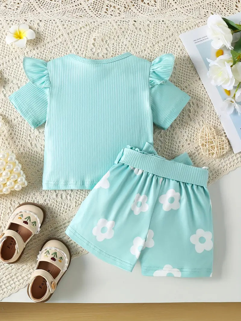1 Set Girls' Summer Casual Floral Print Short Sleeve Top with Matching Shorts