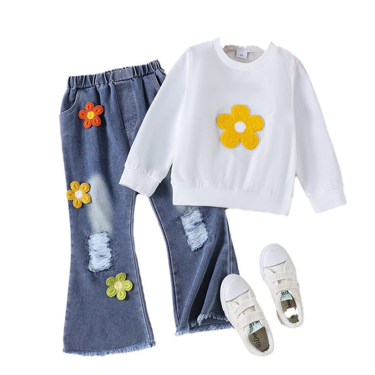 Girls Long Sleeve Floral Embroidery Hoodie + Torn Bell Bottom Pants 2pcs Set
