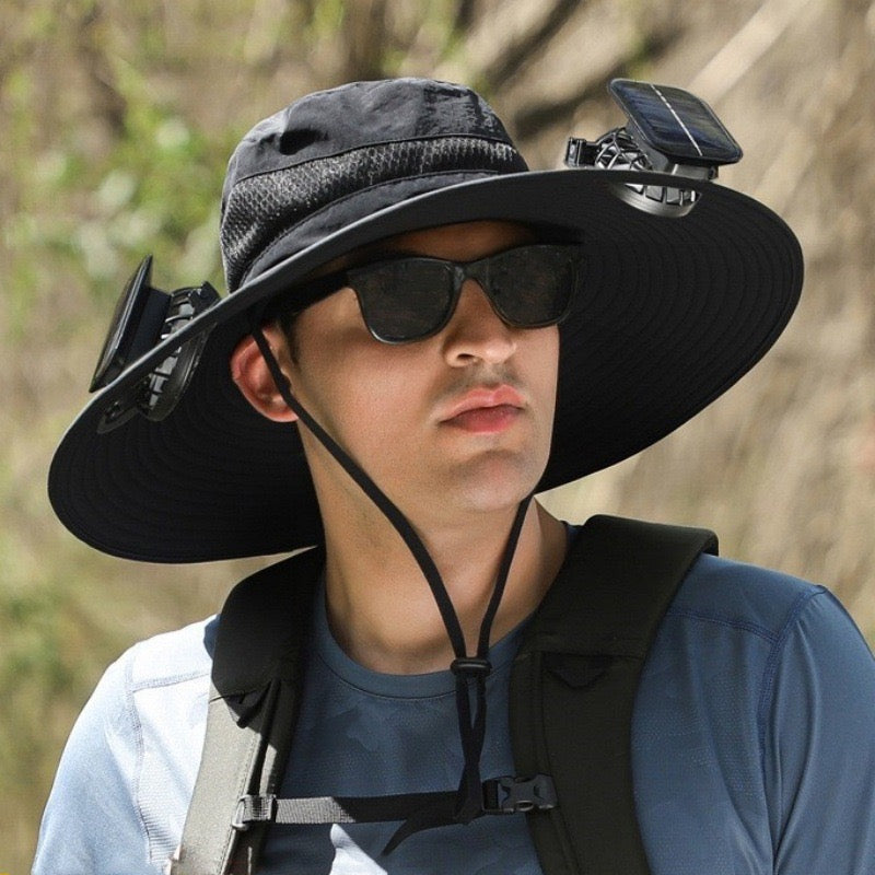 Solar Fan Hat, Wide Brim Solar Fan Outdoor Fishing Hat with 2 Fans Solar Power, Waterproof Outdoor Hiking Camping Fishing Hat Grey