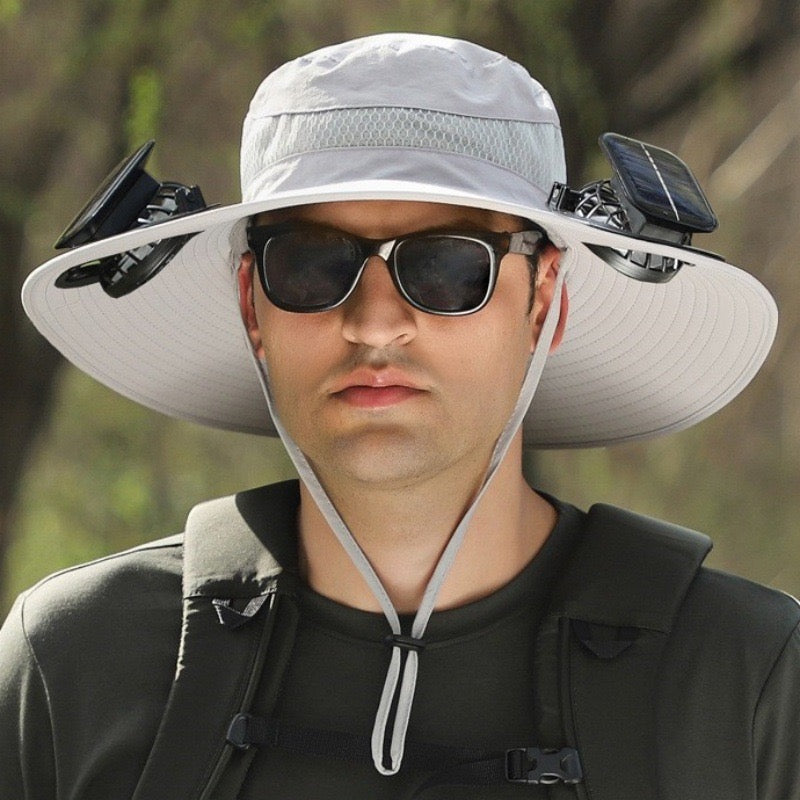 Solar Fan Hat, Wide Brim Solar Fan Outdoor Fishing Hat with 2 Fans Solar Power, Waterproof Outdoor Hiking Camping Fishing Hat Grey