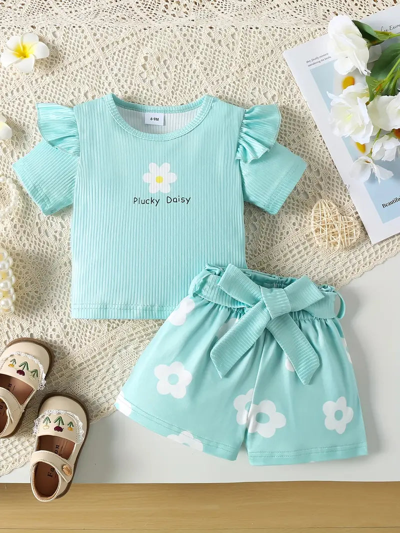 1 Set Girls' Summer Casual Floral Print Short Sleeve Top with Matching Shorts