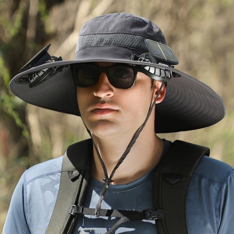 Solar Fan Hat, Wide Brim Solar Fan Outdoor Fishing Hat with 2 Fans Solar Power, Waterproof Outdoor Hiking Camping Fishing Hat Grey