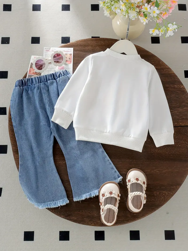 Girls Long Sleeve Floral Embroidery Hoodie + Torn Bell Bottom Pants 2pcs Set