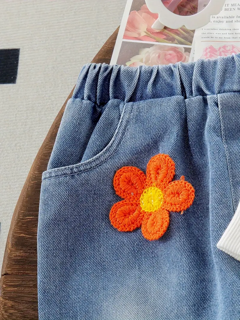 Girls Long Sleeve Floral Embroidery Hoodie + Torn Bell Bottom Pants 2pcs Set