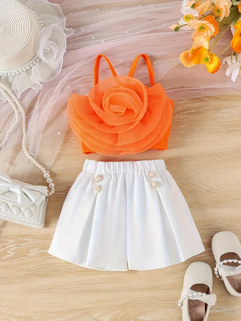 2pcs Set Of Floral Camisole Top And Shorts with Fashionable Design for Little Girls