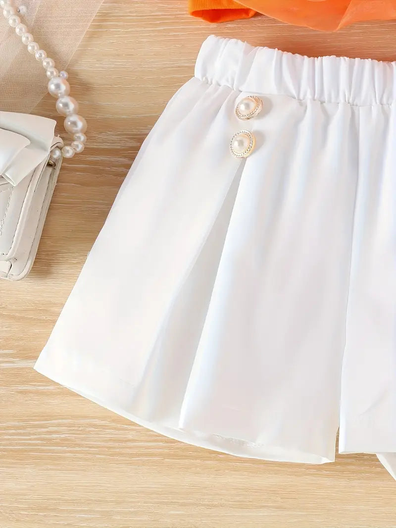 2pcs Set Of Floral Camisole Top And Shorts with Fashionable Design for Little Girls