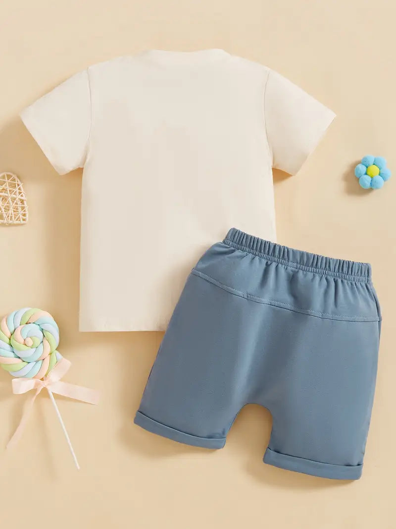 Baby Boy Athflow 2pcs Set, Short Sleeve Round Neck Letter Print Tops + Elastic Waist Shorts Infant Toddler Summer Outfits