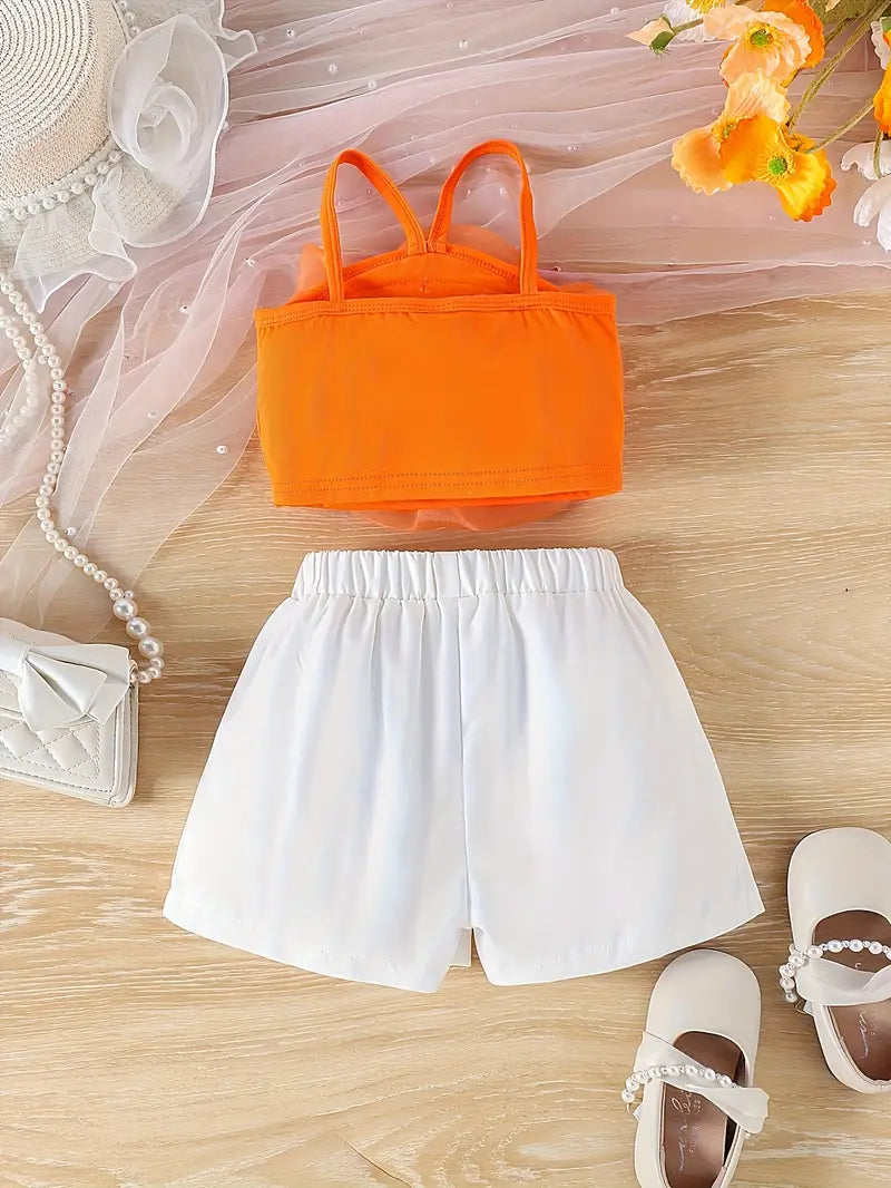 2pcs Set Of Floral Camisole Top And Shorts with Fashionable Design for Little Girls