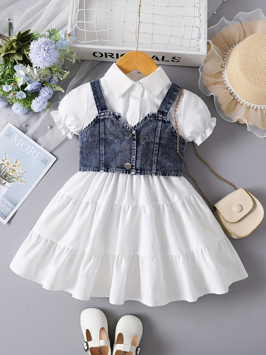 White Puff-Sleeve Dress for Girls Paired with a Denim Vest in a Two-Piece Set.