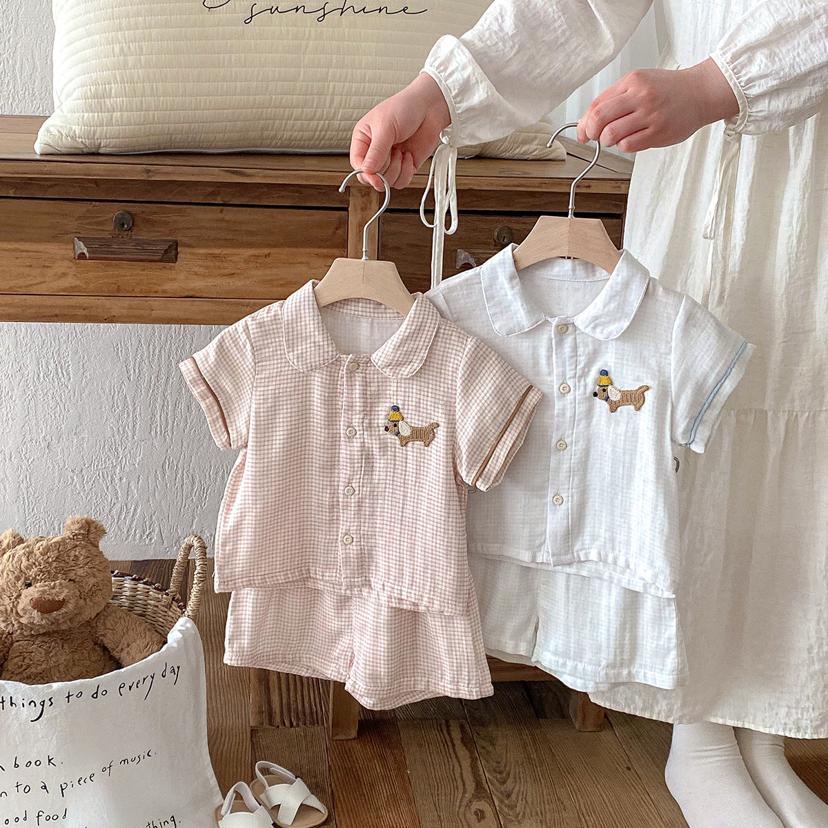 Baby and toddler double yarn checkered home suit set