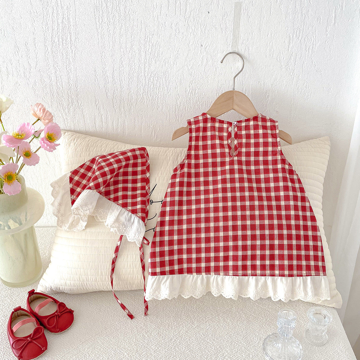 Girl's red checkered vest dress