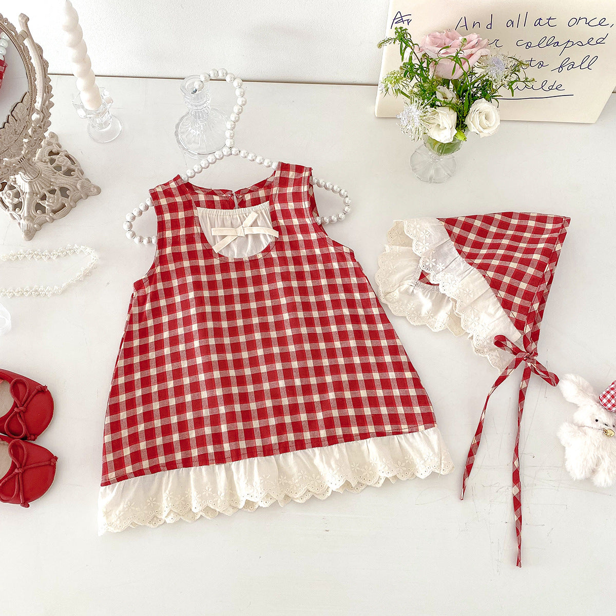 Girl's red checkered vest dress