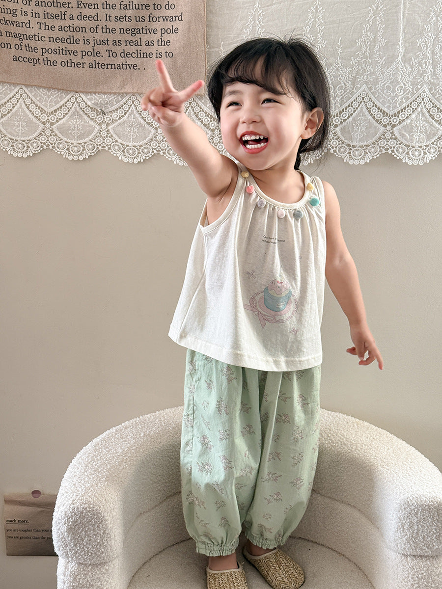 Little Girl's Set of Cartoon Vest with Pom-poms and Floral Anti-mosquito Pants
