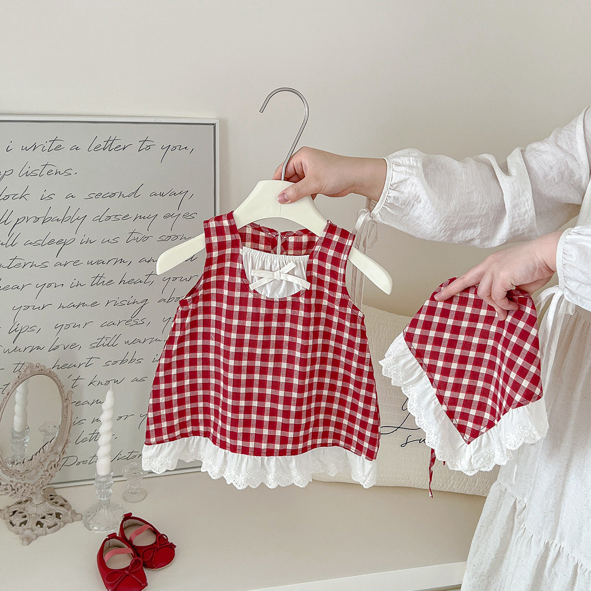 Girl's red checkered vest dress