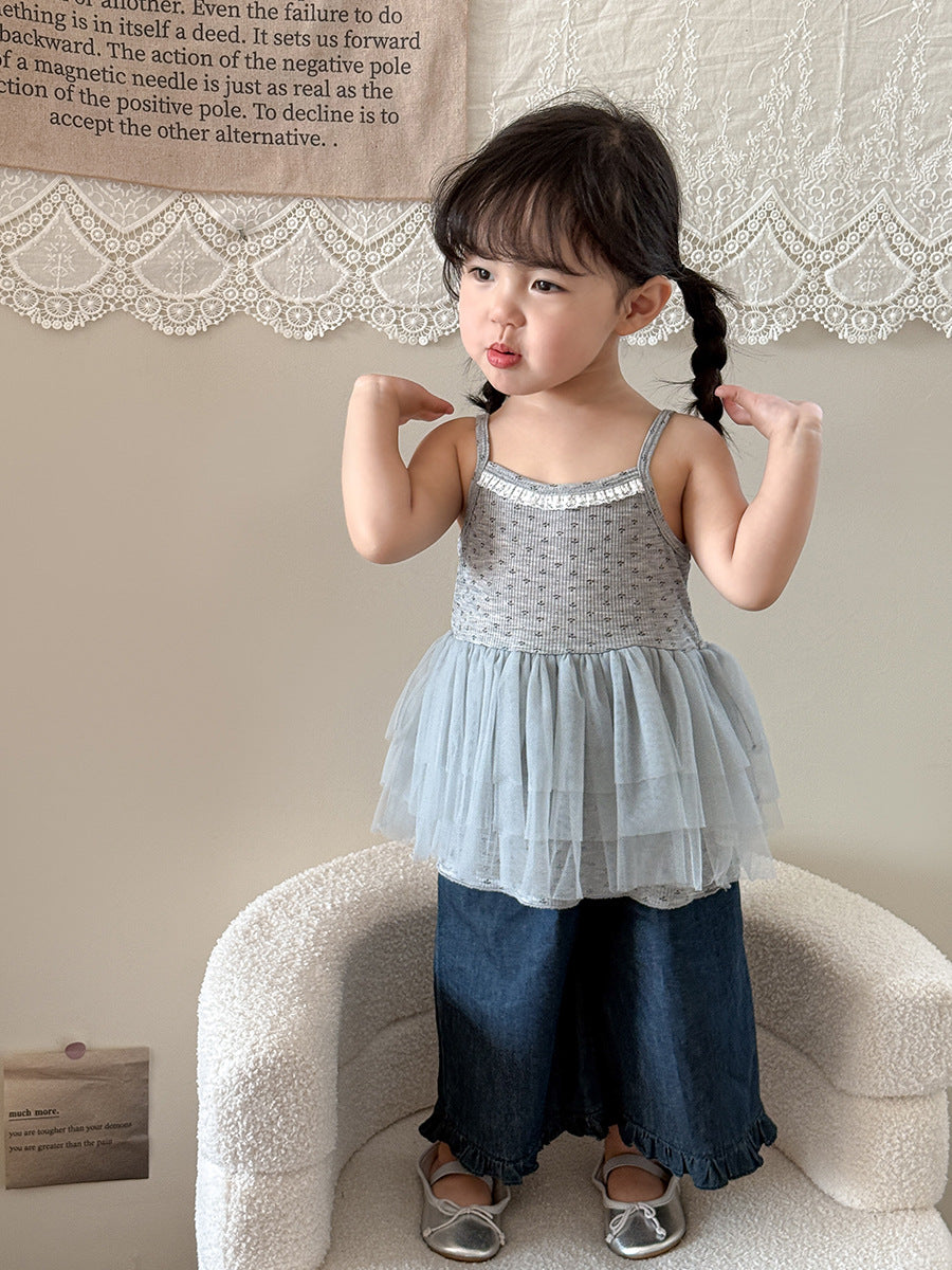 Girl's Set of Suspender Top with Mesh Fabric Patchwork + Straight Trousers with Ruffles
