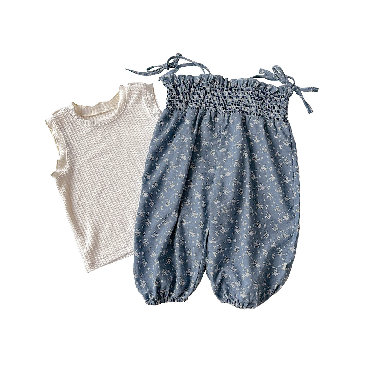Girls' one-piece overalls with floral pattern set