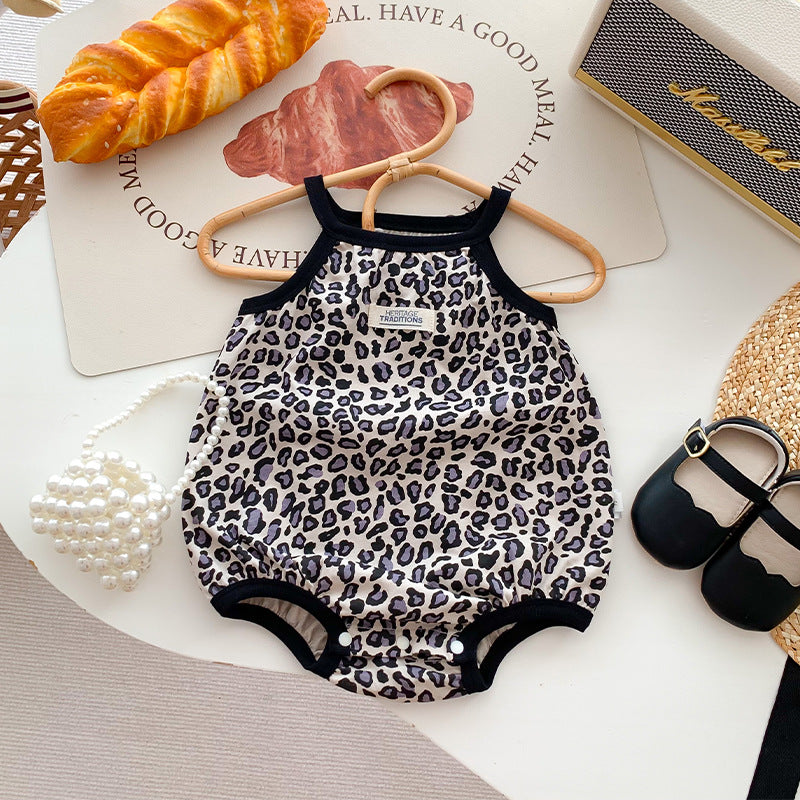 A leopard-print sleeveless bodysuit for baby girls