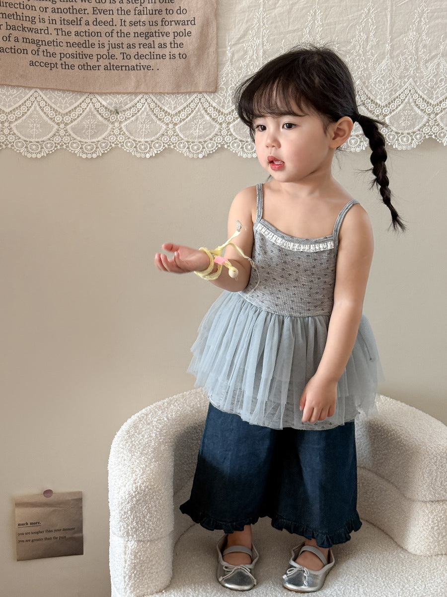 Girl's Set of Suspender Top with Mesh Fabric Patchwork + Straight Trousers with Ruffles