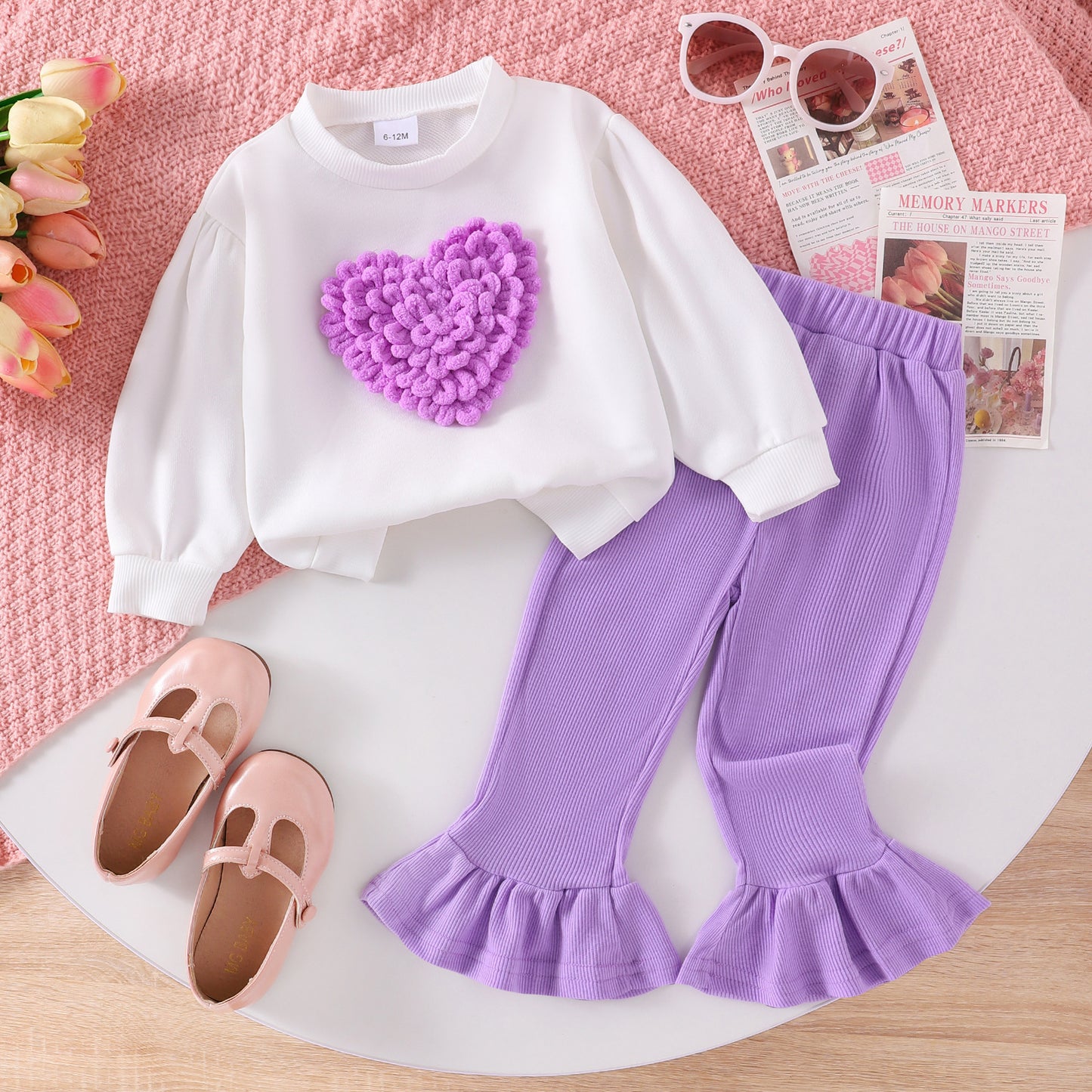 Girls' Cotton Blend Outfit Set - Long Sleeve Round Neck Heart Embroidery Ruffle Shirt & Bell-Bottom Pants