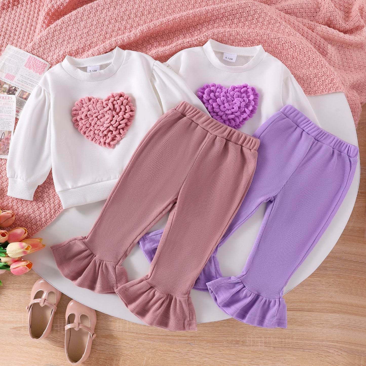 Girls' Cotton Blend Outfit Set - Long Sleeve Round Neck Heart Embroidery Ruffle Shirt & Bell-Bottom Pants