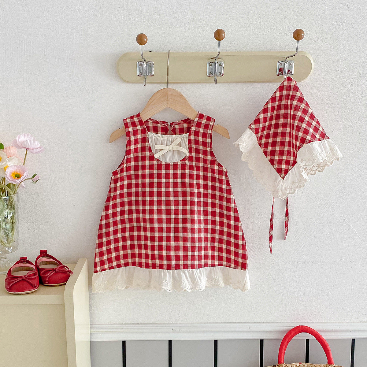 Girl's red checkered vest dress